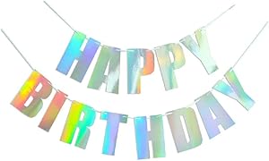 Holographic Happy Birthday Sign, Iridescent White Hanging Banner, Bunting String Flag Garland for Party Decorations