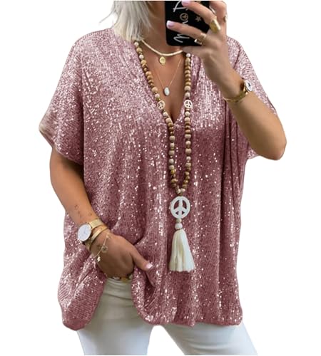 Asoodiy Damen-Pailletten-Top, glitzernd, V-Ausschnitt, kurzärmelig, Glitzer-Oberteil, Party, Club, Blusen, lockere Passform, rose, XL