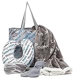 Chanasya 5-Piece Warm Hugs Positive Energy Healing Thoughts Comfort Caring Message Print Combo Gift Pack Throw Blanket, Neck Pillow, Eye Mask, Tote Bag, Socks - for Women Men Cancer Hospital - Grey