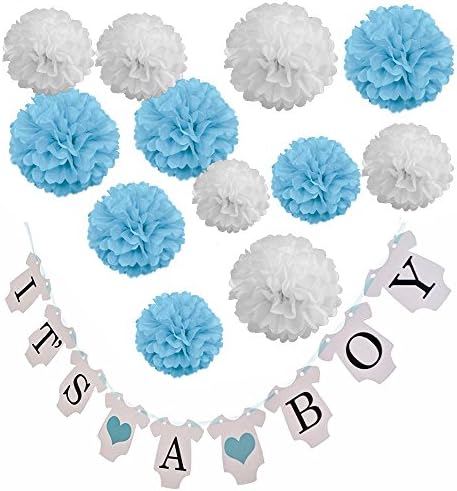 Baby Shower Decorations for Boy; Blue Theme Party Favor Supplies Kit: Pregnancy Announcement and Newborn Birthday Pack - It's a Boy Banner, Paper Flower Pom Poms &amp; Decorative Straws