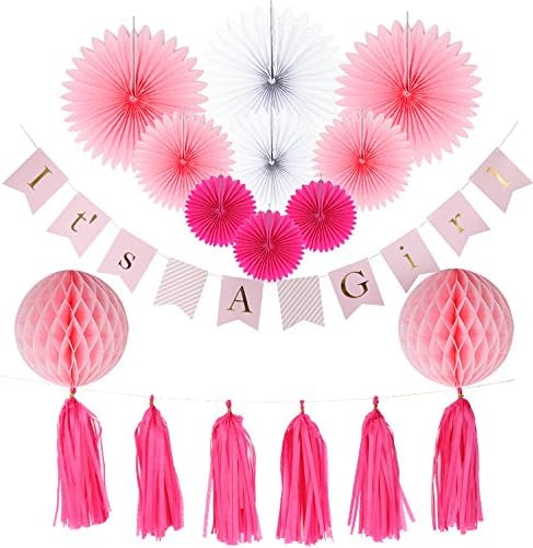 Pink and Gold Baby Shower Decorations for Girl, Drive by Baby Shower , It's a Girl Banner, Rose Gold oh Baby Balloons, Paper Lanterns, Tissue Paper Pompoms, Honeycombs, rose gold baby shower decor
