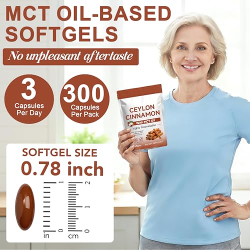 Ceylon Cinnamon Capsules 300 Pcs with MCT Oil, High Bioavailability for Anti-Oxidant, Overall Vitality & Digestive & Metabolic Support, Health Management