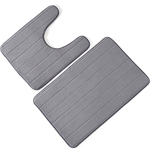Bathroom Rugs, Set of 2 Memory Foam Bath Mat and U-shape Toilet Floor Rug (Gray)