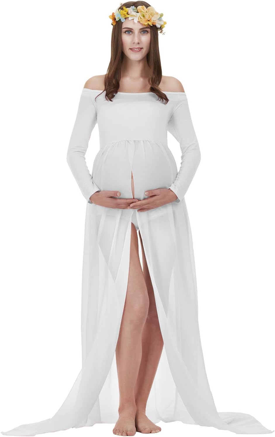 YnimioAOX Women's Off Shoulder Long Sleeve Maternity Dress for Photography Chiffon Maternity Gown for Photoshoot