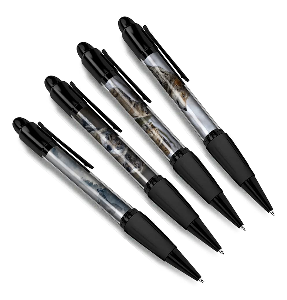 DV DESIGN Set of 4 Wolf Black Ballpoint Pens - Wild Wolves Animal Pack Winter Theme Gift