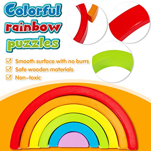 Dreampark Wooden Rainbow Stacking Game Stacker Nesting Puzzle Blocks, Color Shape Matching Educational Learning Toys for Kids Baby Toddlers 1 2 3 4 5 Years Old and Up (6 PCS)