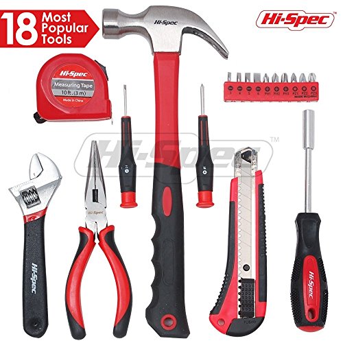 Hi-Spec 18pc Home & Garage Tool Set of Essential Household Tools including Claw Hammer, Long Nose Pliers, Adjustable Wrench, Utility Knife,Precision Screwdrivers, Bit Driver Handle & Screwdriver Bits