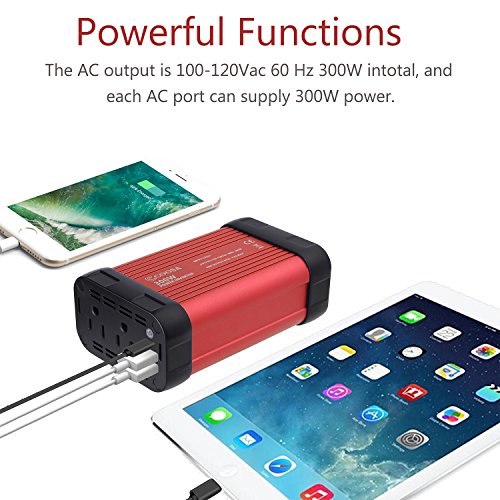 COOSA 300W USB C Car Power Inverter DC 12V to 110V AC Vehicle Power Converter with 4.8A Dual USB A Charging Ports Car Adapter (Black red)