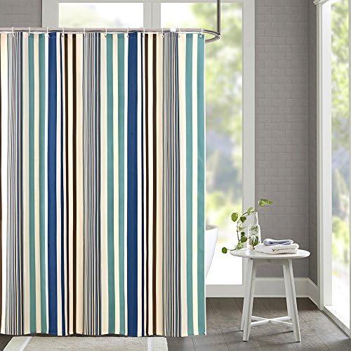 Ufavor Standard Size 72 By 72 Inch Beach Pattern Striped Shower Curtain Waterproof and No More Mildew Fabric Bathroom Shower Curtain Set for Boys, Blue