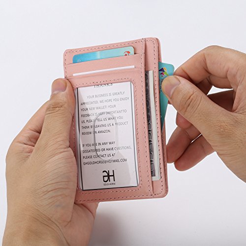 Slim RFID Blocking Card Holder Leather Front Pocket Wallet for Women, Rose Gold