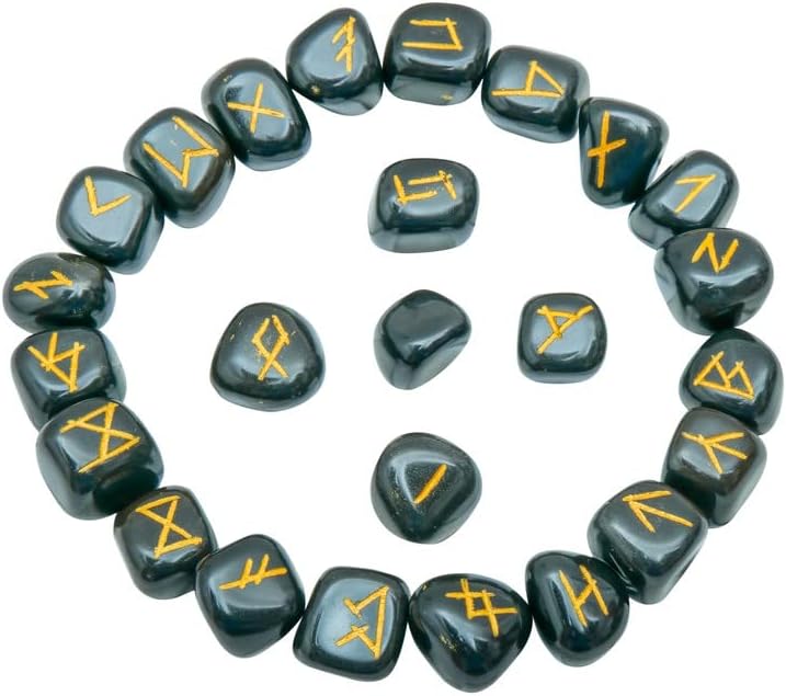 Indoor Fountains & Accessories - Black Tourmaline Crystal - Rune Set - Elder Futhark Runes - Engraved Stone - Crystal Divination Set - Runes for Beginners - Viking Rune Stones - Gemstones and Crystals - Spiritual Gifts
