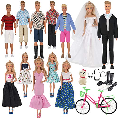 ZTWEDEN 33Pcs Doll Clothes and Accessories for for Ken Doll and Barbie Doll Includes 20 Wear Clothes Shirt Jeans Suit and Wedding Dresses, Glasses Earphones Dog and Bike for 12'' Boy Girl Doll