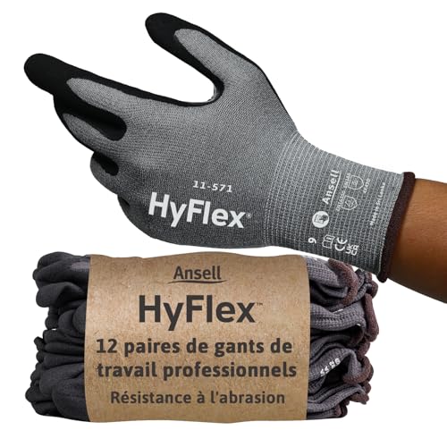 Ansell HyFlex 11-571 Gants Anti-Coupures, Enduction Nitrile Résistante à l'Abrasion, Gants de Travail Professionnels Haute Protection, Homme Femme, Gris, Taille L (12 Paires)