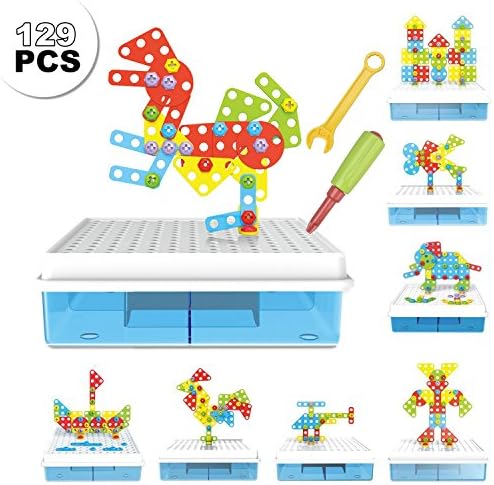 3D Take Apart Imagination Building Bricks Blocks 2 in 1 Assembly Disassembly Construction Mosaic Puzzles DIY Play Toys Set with Screw Nuts Tools Creative Educational Gift for Kids Boys Girls (129pcs)