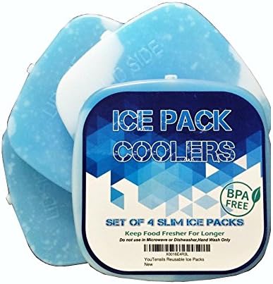 SALE Youtensils Slim Reusable Ice Pack Cool Coolers - Suitable for Lunch Box Chillers, Cooler, Camping and Injuries - BPA Free and Non Toxic - Set of 4