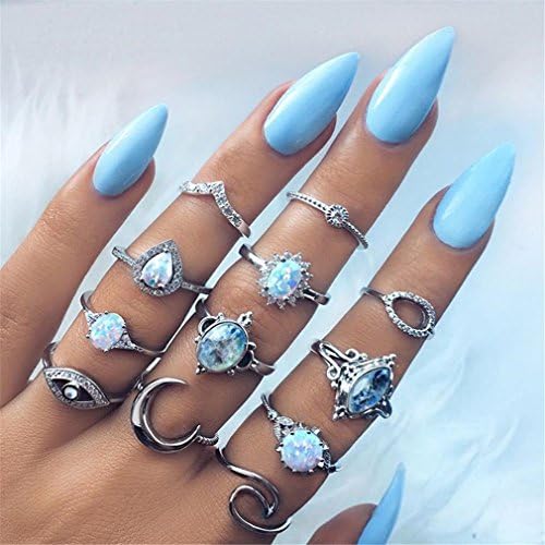 Iumer 12Pcs Vintage Crystal Ring Set Encraved Knuckle Mid Rings