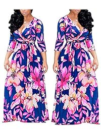 Vestido largo para dama, cuello en V, manga 3 4, diseño floral, con cinturón S-3XL