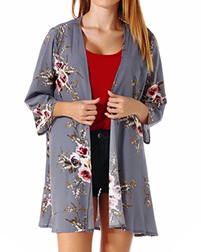 PopStore Women's Floral Print Sheer Kimono Cardigan Capes Chiffon 3/4 Sleeve Patchwork Casual Cover up Blouse Tops