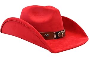 Unisex Faux Suede Felt Western Hat, Rolled Up Wide Brim Cowboy Cowgirl Fedora with Belt Strap Panama Rodeo Cattleman Cap