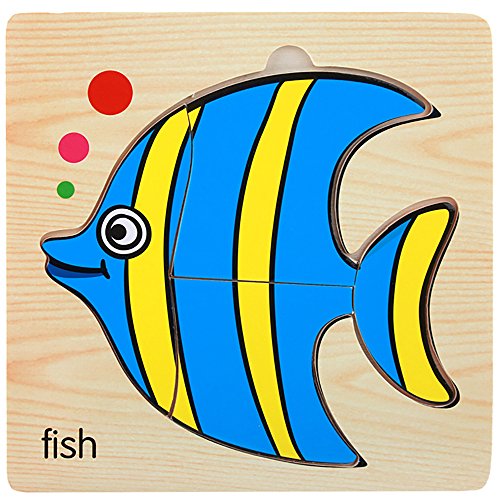 Kids Puzzles Toys, Wooden Animals Fancy Education Learning Intelligence Toys (Fish-2)