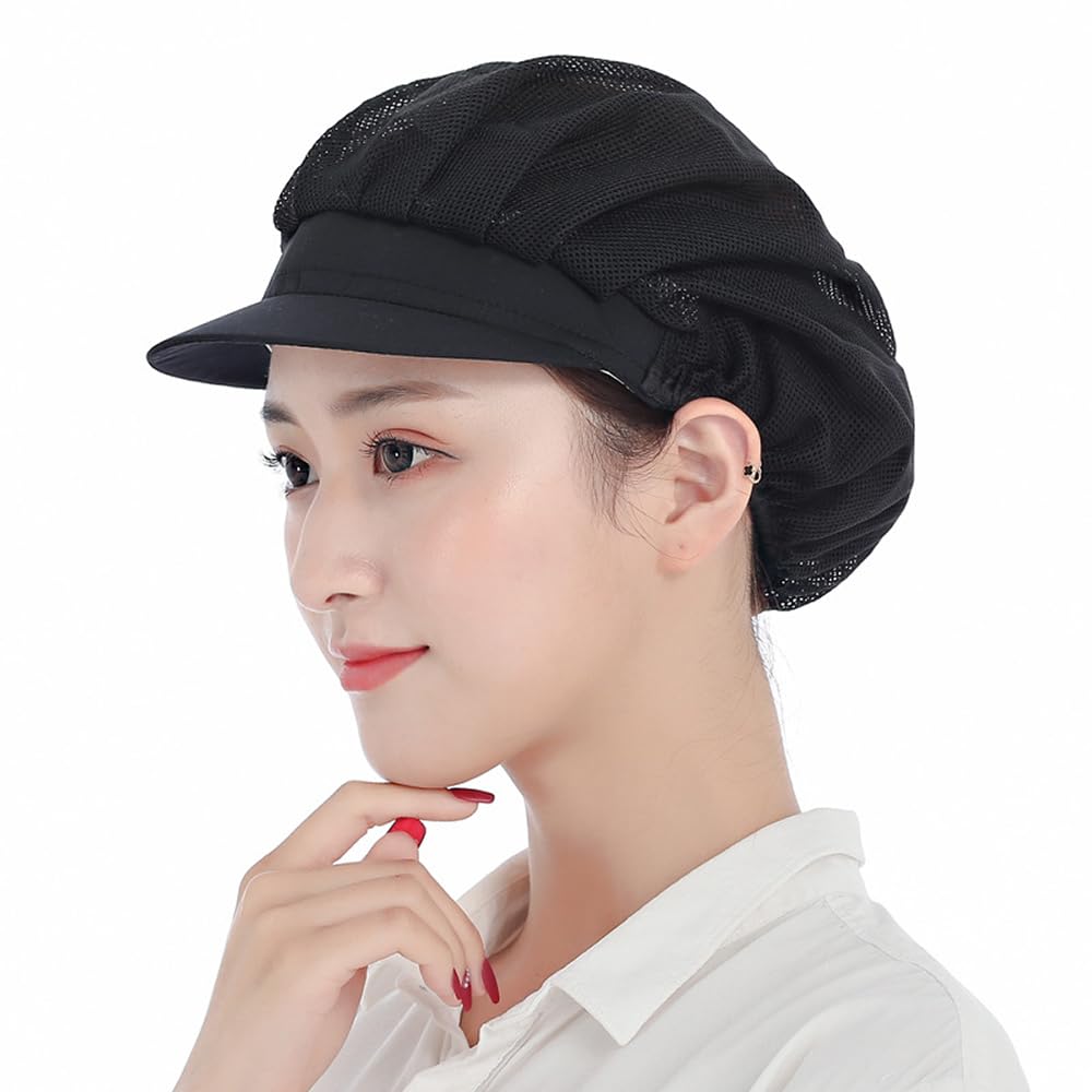 POFET 2pcs Chef Waiter Mesh/Cotton Cap Restaurant Kitchen Workshop Hair Net Cooling Reusable Bouffant Adjustable Food Service Hair Hat Protective Snoods - Black
