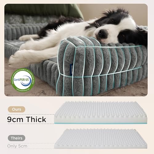 Bedsure Large Orthopedic Dog Bed – 89 x 64 x 18 cm Sofa Dog Beds with Memory Foam and Edges, Waterproof, Non-Slip Base, Removable and Washable Corduroy Cover, Grey