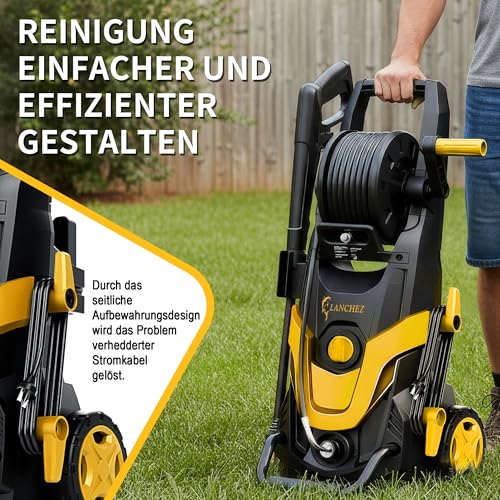 LANCHEZ Hochdruckreiniger 145 bar max Druck, Fördermenge 420 l/h, 7-in-1-Zubehör Kit (500ml Schaumsprüher, Schnellkupplungen, Schnellanschlussdüsen, Terrassenbürste) für Auto, Terrasse, Gelb