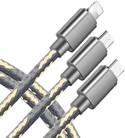 Multi Charger Cable, J2CC Nylon Braided Multiple USB Fast Charging Cord with Lighting/Micro USB/Type C Connector for Android Devices /Galaxy s8/iPhone 8/8Plus and more(gray)