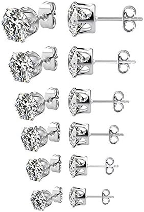 EIALA Stainless Steel Womens Stud Earrings Cubic Zirconia Inlaid 3-8mm 6 Pairs