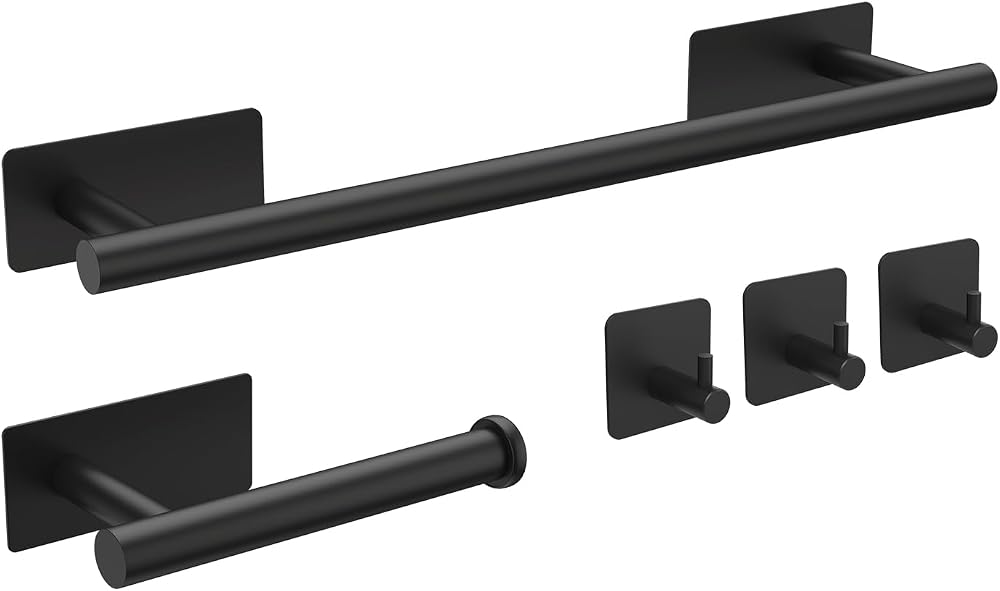 Ibergrif 5pcs Bathroom Accessories Set Black Wall Mounted or Adhesive