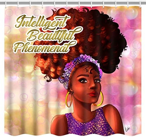ArtRena Fabric Shower Curtain, Dark-Skinned Woman, Intelligent Beautiful Phenomenal Black Woman Shower Curtain with Afro, Waterproof and Mildew Resistant, 71" x 71"