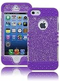 iPhone SE Case, Bastex Heavy Duty Hybrid Protective Case - Soft Neon Purple Silicone Cover with Clear Sparkly Glitter Design Shell for Apple iPhone SE, 5, 5S, 5G