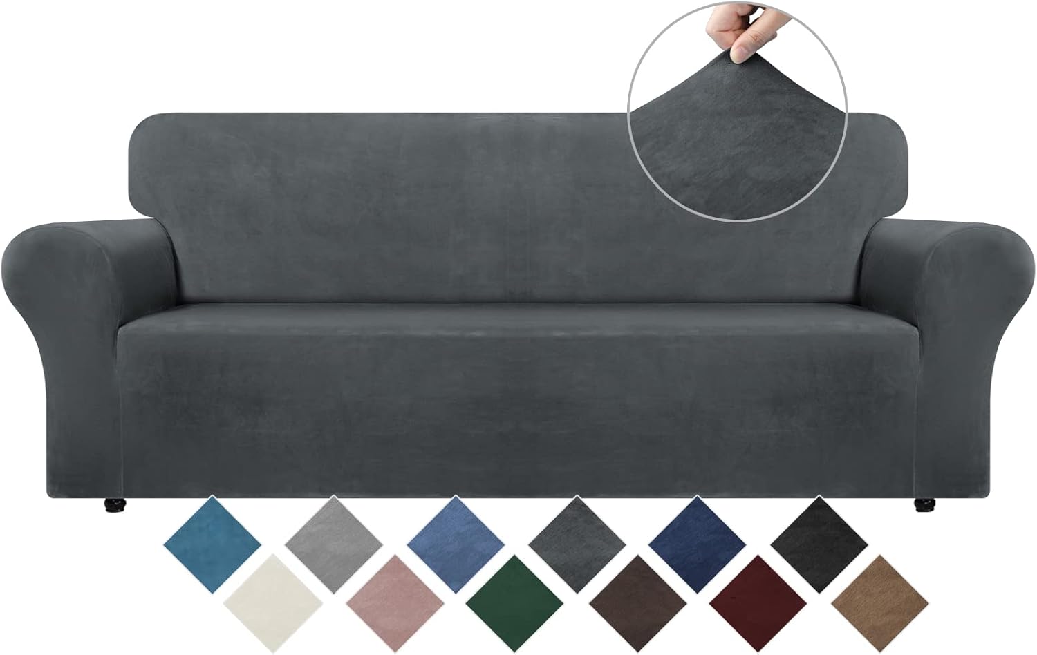 Slipcovers - WEERRW Velvet Couch Cover for 3 Cushion Couch Covers - Stretch Sofa Slipcovers with Non Skid Foam and Elastic Bottom, Furniture Protector for Pets, Crafted from Soft Plush Fabric, Dark Grey, Large