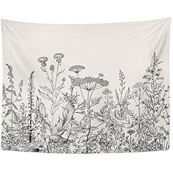 Emvency Tapestry Floral Border Herbs and Wild Flowers Botanical Engraving Style Black and White Home Decor Wall Hanging 60