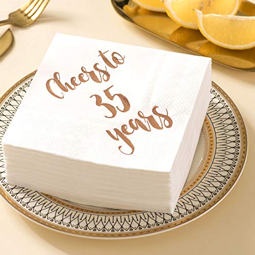 Cheers to 35 Years Cocktail Napkins, 50-Pack 3ply White Rose Gold 35th Birthday Dinner Celebration Party Decoration Napkin