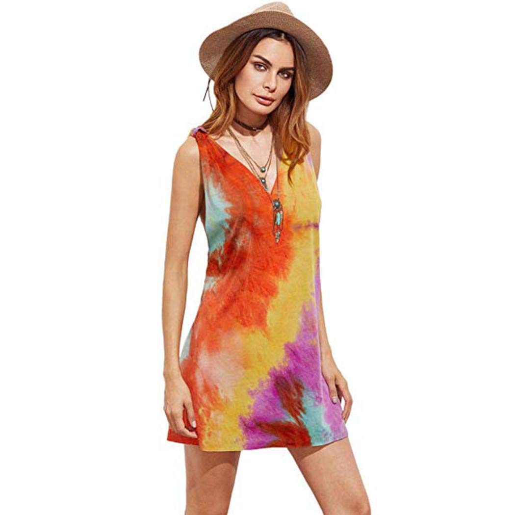 ilonti Women\'s Sleeveless V Neck Dye Printed Casual Backless Dress Dresses