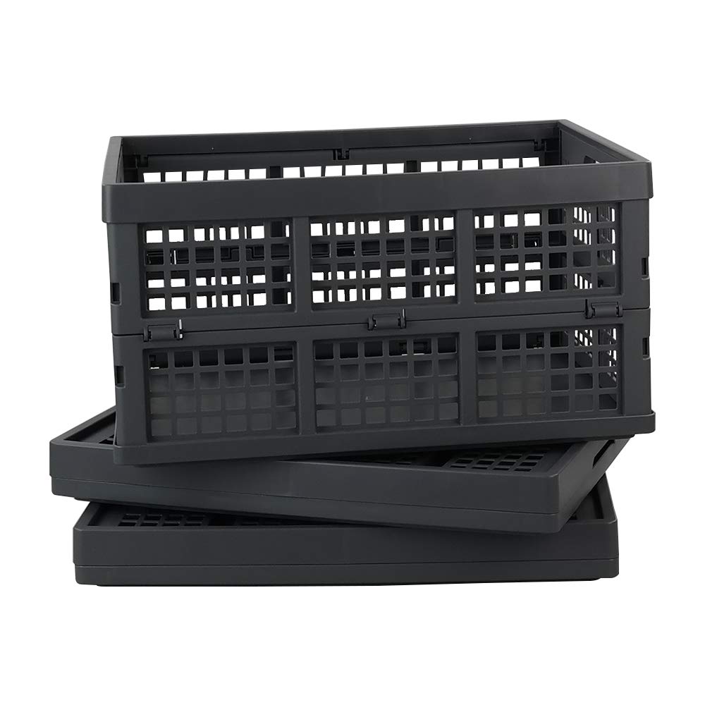 Eudokky 34 Liter Grey Foldable Crate, Plastic Folding Basket, Pack of 3 Collapsible Crate