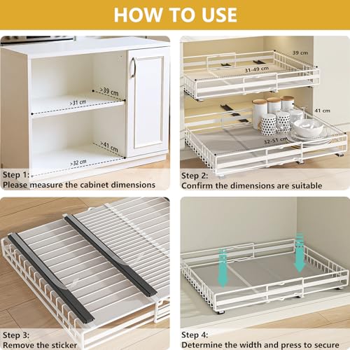 TOJUNE 2 Removable Kitchen Drawers with Sliding Rails (Set M+L) | Adjustable Width Expandable, Self-Adhesive/Drills with Nano Film for Kitchen, Pantry, Living Room (White)