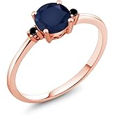 Gem Stone King 10K Rose Gold Blue Sapphire and Black Diamond Solitaire Engagement Ring For Women (1.03 Cttw, Round 6MM, Gemstone September Birthstone)