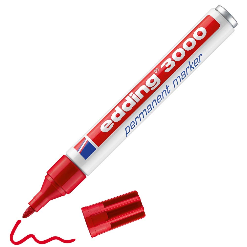 edding 3000 Permanent Marker - Red - 1 Pen - Round Tip 1.5-3 mm - Quick-Drying Permanent Markers - Waterproof, Smudge-Proof - for Cardboard, Plastic, Wood, Metal, Fabric - Marker Pens