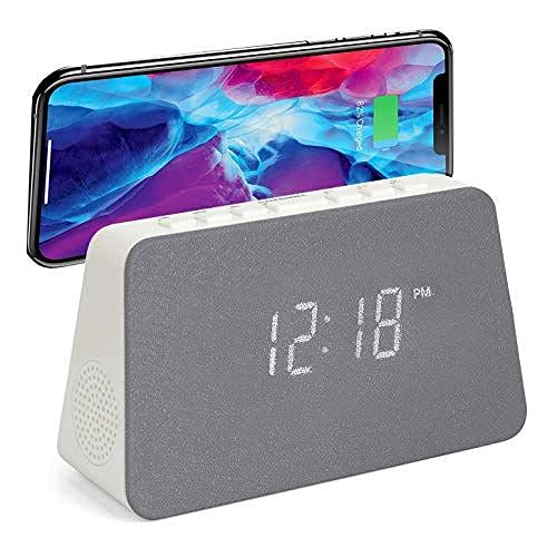 Grouptronics GTQ-RENEW Wireless Charging Alarm Clock Radio - Dimmable Display, USB Charging, FM Radio, Dual Alarms, No Tick Alarm Clock Bedside - White with Grey Cloth screen