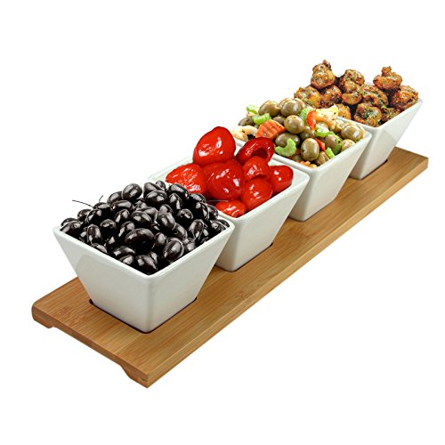 Elama Signature Modern Appetizer and Condiment Server with 4 Serving Dishes and a Bamboo Serving Block, 5 Piece
