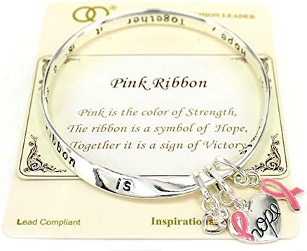 Silvertone Beautiful Inspirational Breast Cancer Awareness Pink Ribbon Twisted Bangle Charm Bracelet (with Gift Box)