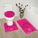 3 Piece Elegant Solid Plush Bathroom Rug Set, Bath Mat, Contour Rug, Toilet Lid Cover (Hot Pink)