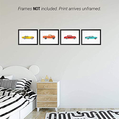Classic Car Nursery Wall Art Set of 4 Unframed (10x8 inches) Watercolor Transportation Posters