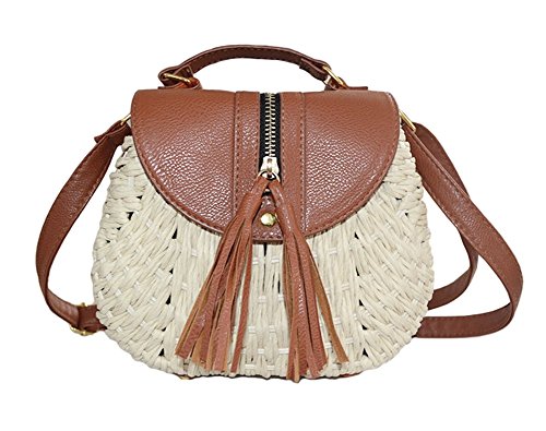Tonwhar Retro Beach Bag with Tassels Hand-woven Straw Purse (Beige)