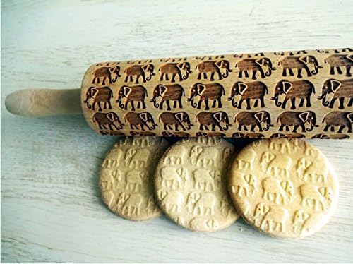 ELEPHANTS PATTERN EMBOSSING ROLLING PIN LASER ENGRAVED DOUGH ROLLER with ELEPHANTS for EMBOSSED COOKIES