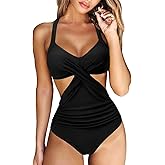 RXRXCOCO Women Front Cross CutOut One Piece Swimsuit Tummy Control High Waisted Monokini Bathing Suit