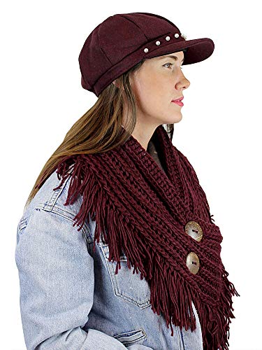 Cable Knit Button Collar Scarf with Fringe, Burgundy - Thumbnail 3