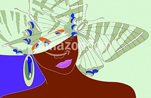 Abstract portrait of an African woman in a hat with a butterfly, pink lipstick and earrings beauty and fashion, trendy stylish texture, color vector prints Poster Print, 17" x 11"